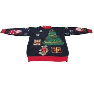 Ugly Christmas Sweater With Tree Bear Gifts Design Vintage Sweater Loft Holey GU